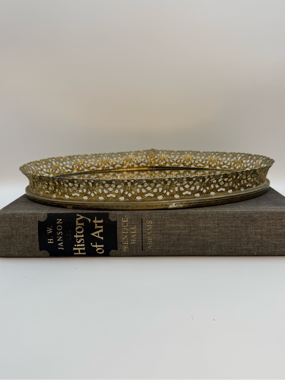 Vintage Oval Gold Filigree Vanity Dresser Table Top Mirror Tray 12x8